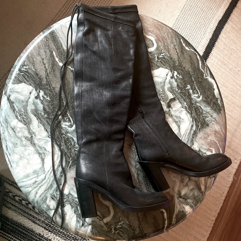 ANN DEMEULEMEESTER Black Leather Knee High Riding Boots